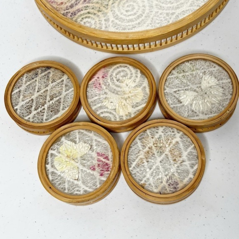 Vintage MCM‎ Pressed Butterfly Bamboo Tray & Coaster Set 6 Pieces - Picture 11 of 13
